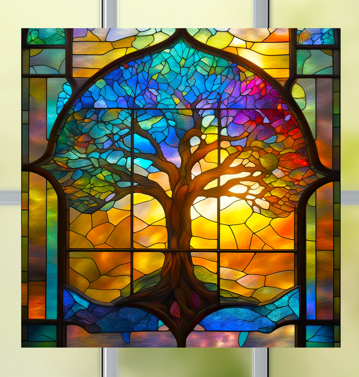 Umbrella Tree ~ Faux Stained-Glass WINDOW CLING Size 8″ Square Vinyl