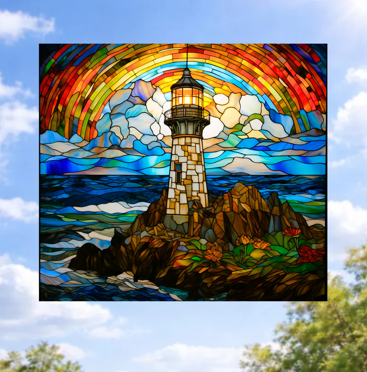 Lighthouse Faux Stained-Glass WINDOW CLING Size 9.1″ Repositionable Vinyl
