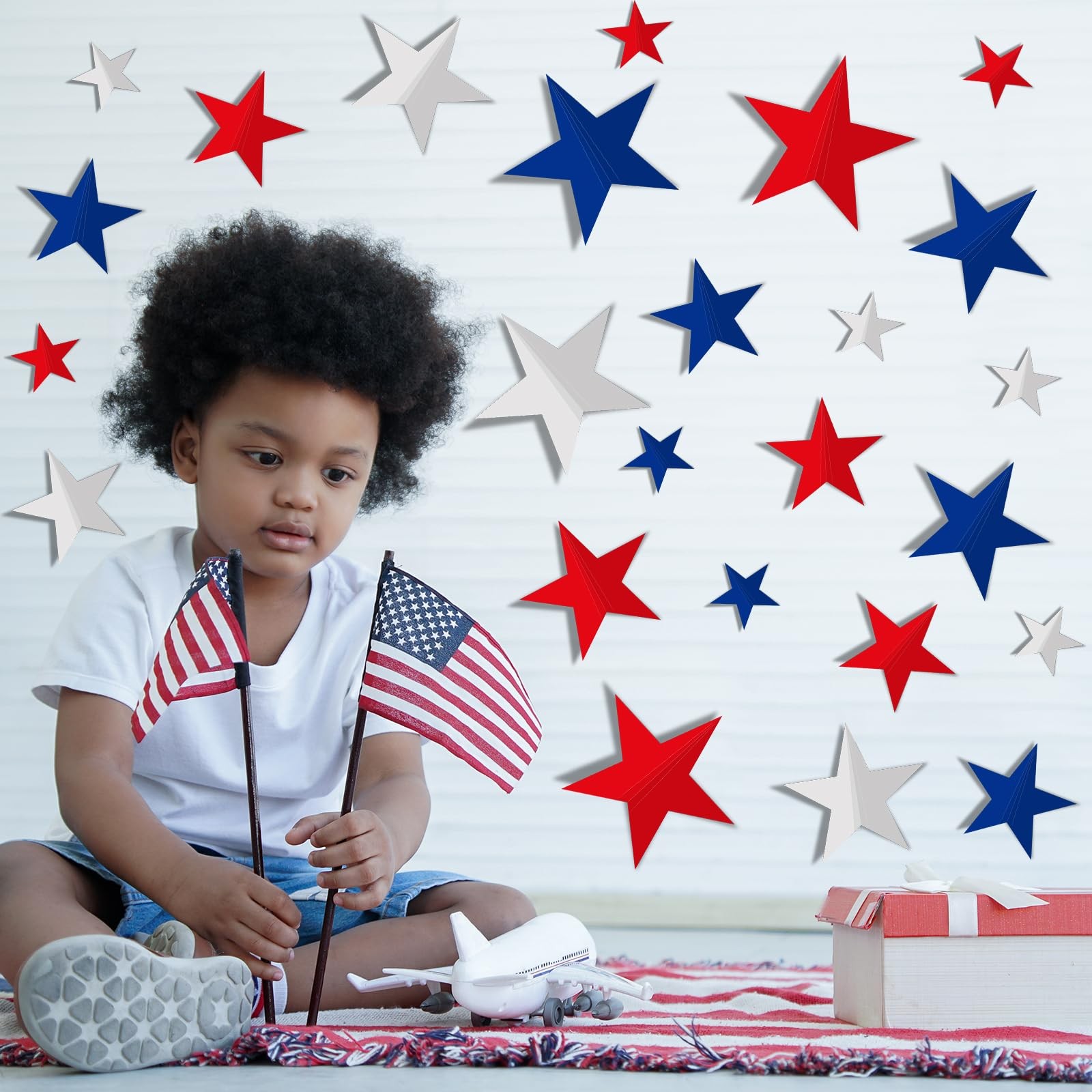 72Pcs 3D Patriotic Wall Stickers Red Blue White Star Window Decals 4th of July