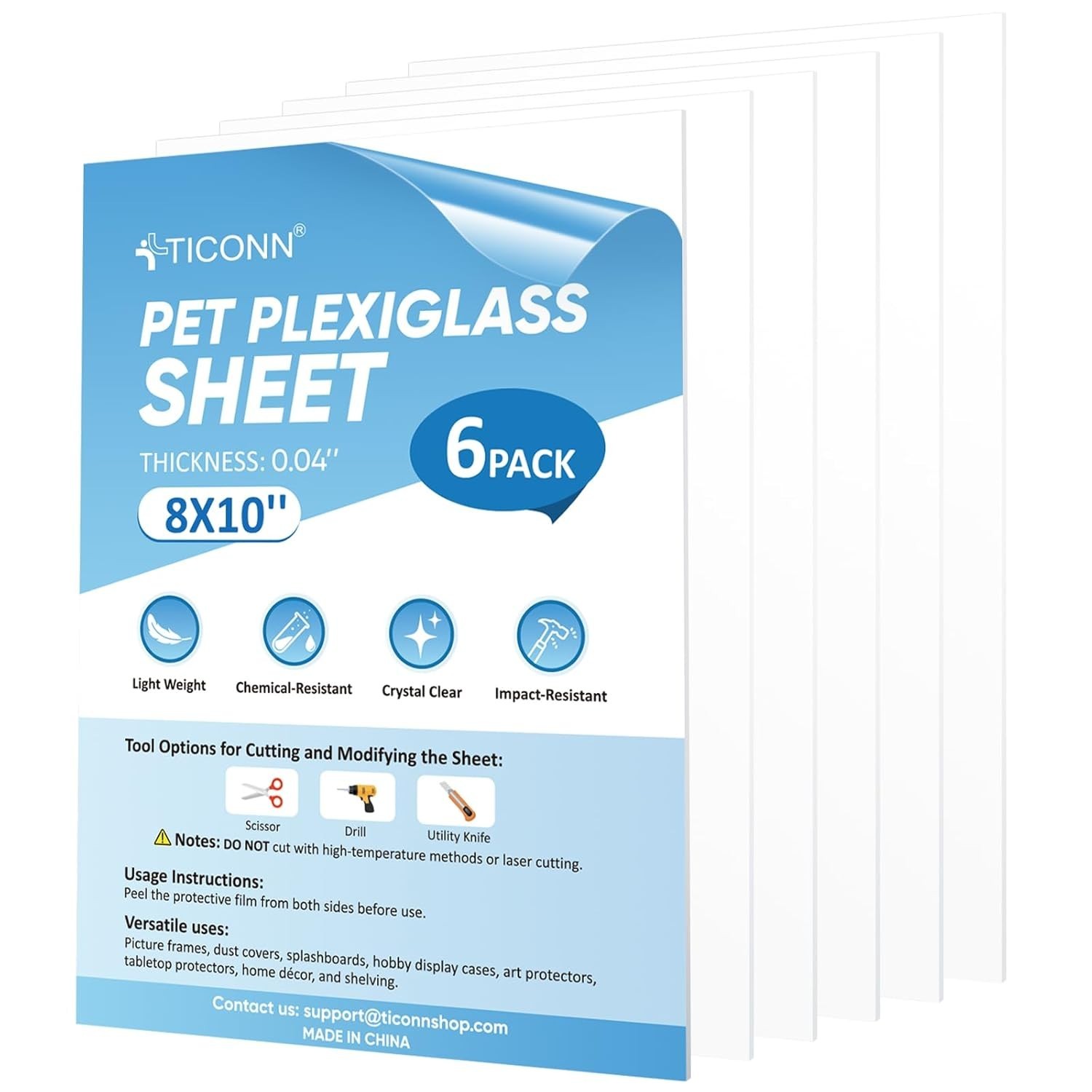 6PK 8″ X 10″ PET Plexiglass Sheets, Clear Plastic Sheet, Easy to Cut Thin Flexib