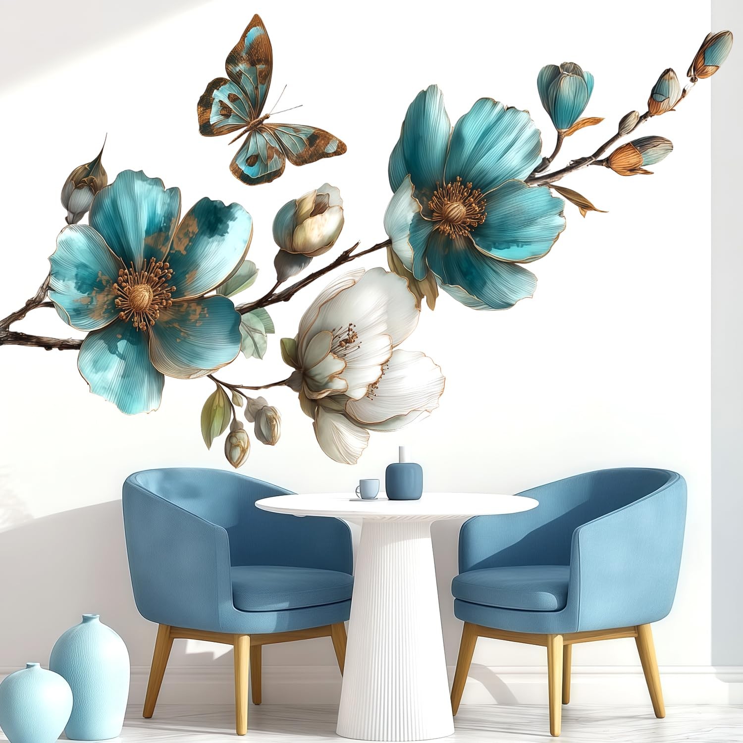 Teal Blue Flower Wall Decals with Butterfly – Large Floral Branch Wall Sticke…