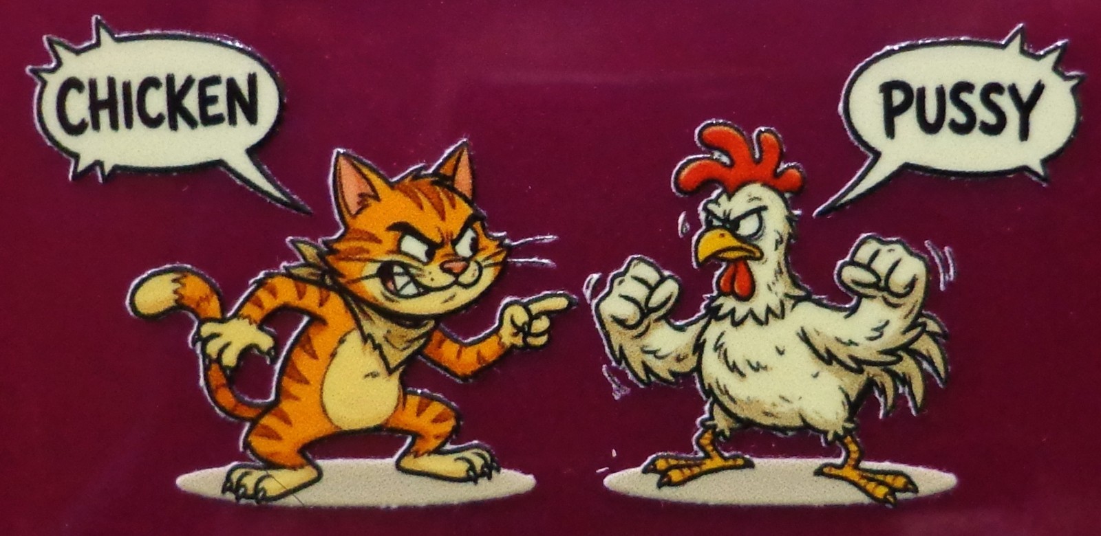 Cat and Chicken Fight Sticker 3in x 2in UV funny squirrel