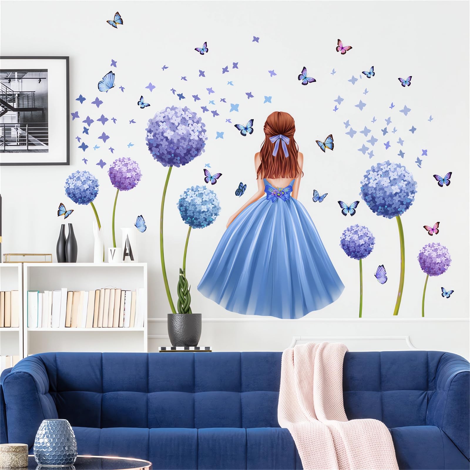 Lovely Blue Dandelion Girl Large Wall Stickers,sacinora Butterfly Light
