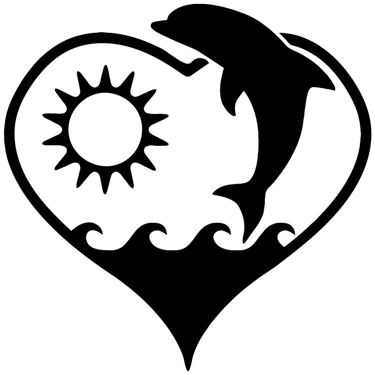 Dolphin Heart Sun Summer Ocean Water Many Colors Die Cut Vinyl Decal Made in USA