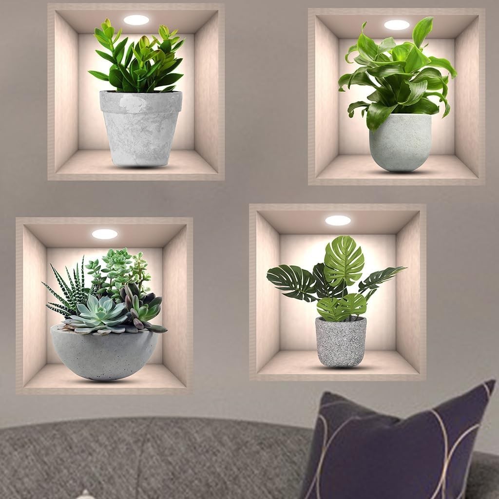 3D Green Plants Wall Sticker,4pcs Vases Flower Stickers 3d