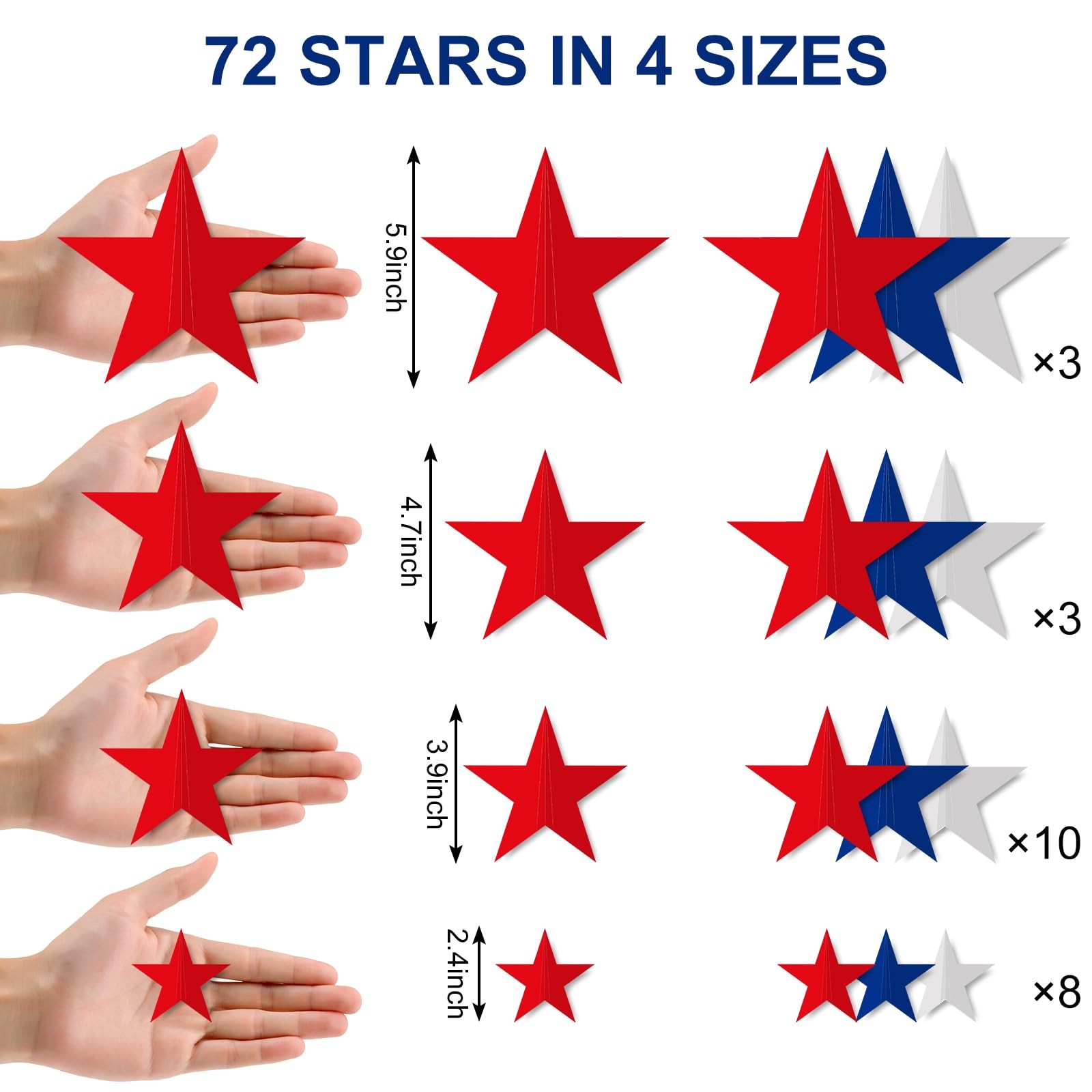 72Pcs 3D Patriotic Wall Stickers Red Blue White Star Window Decals 4th of July
