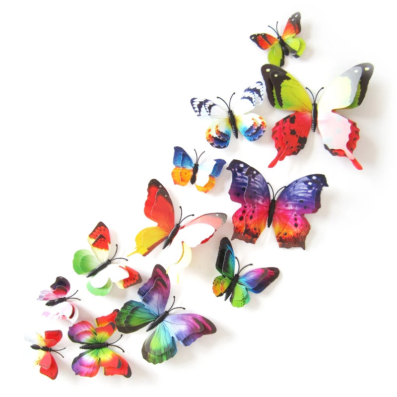 12Pcs Mixed Color Double Layer Butterfly 3D Wall Sticker For Wedding Decoration