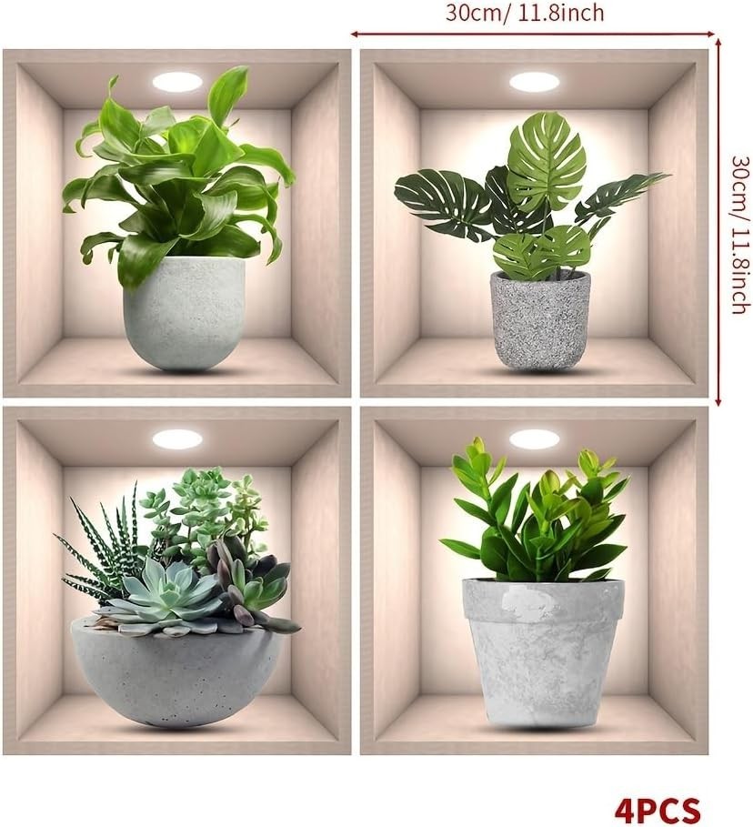 3D Green Plants Wall Sticker,4pcs Vases Flower Stickers 3d