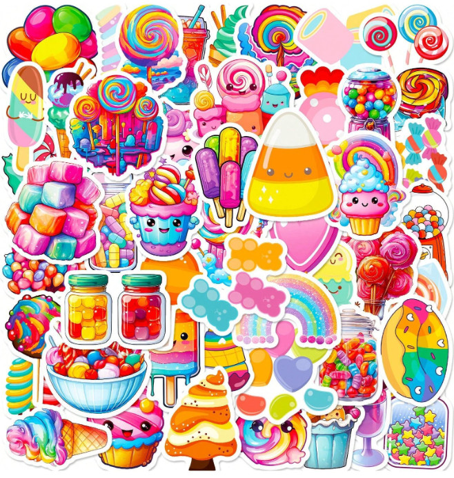 50pcs Colorful Candy Lollipop Stickers – Waterproof for Bottles, Laptops, Kids