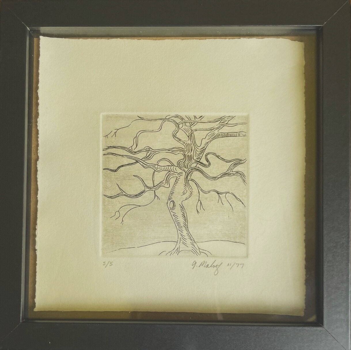 REDUCED.NEW TREE. Artwork 4×4 Wall Decor Pencil on Paper 9×9 Black Frame, Signed
