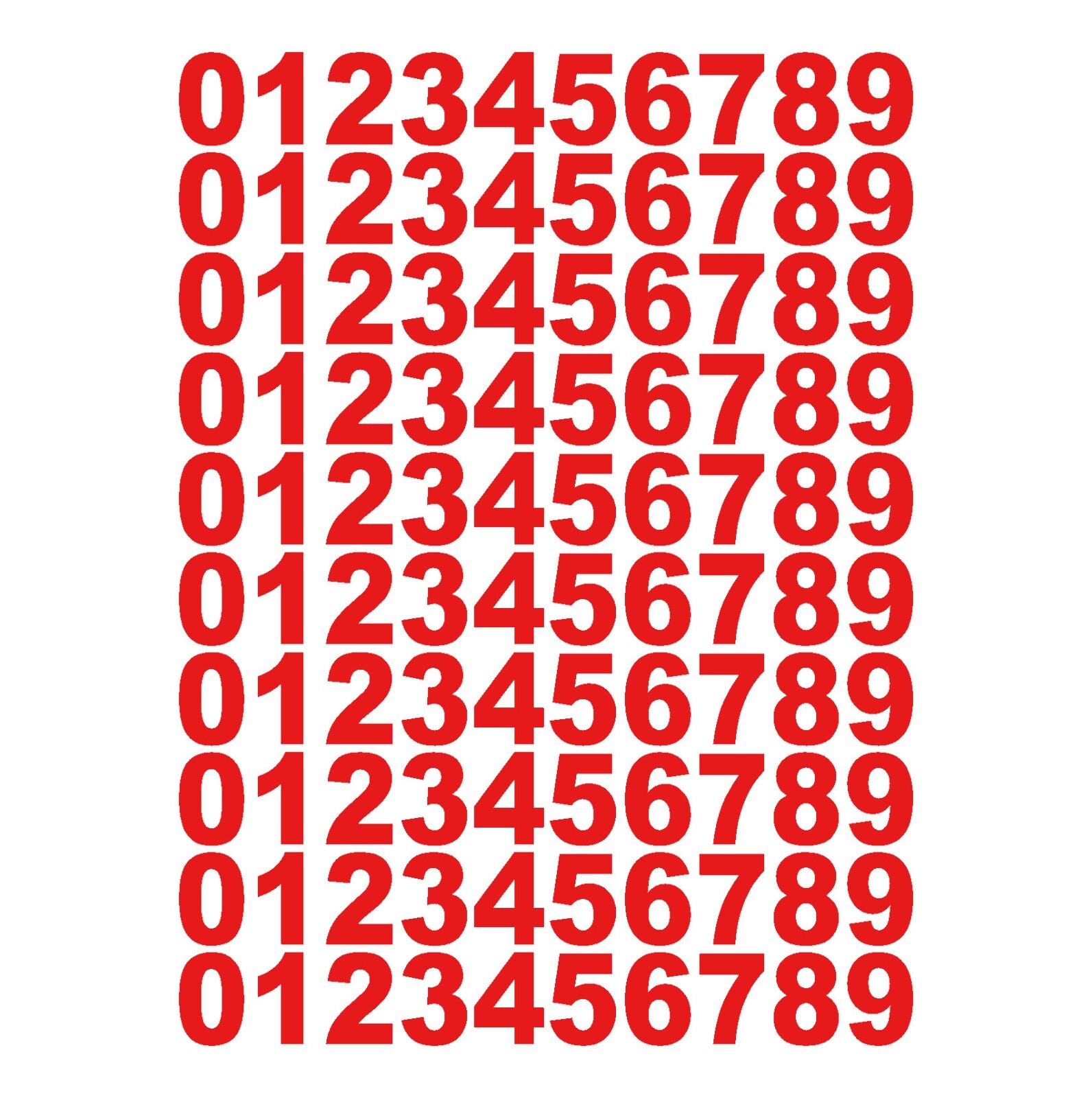10 Sets of Vinyl Decals 0 – 9 – For a total of 100 Decals – Color Red