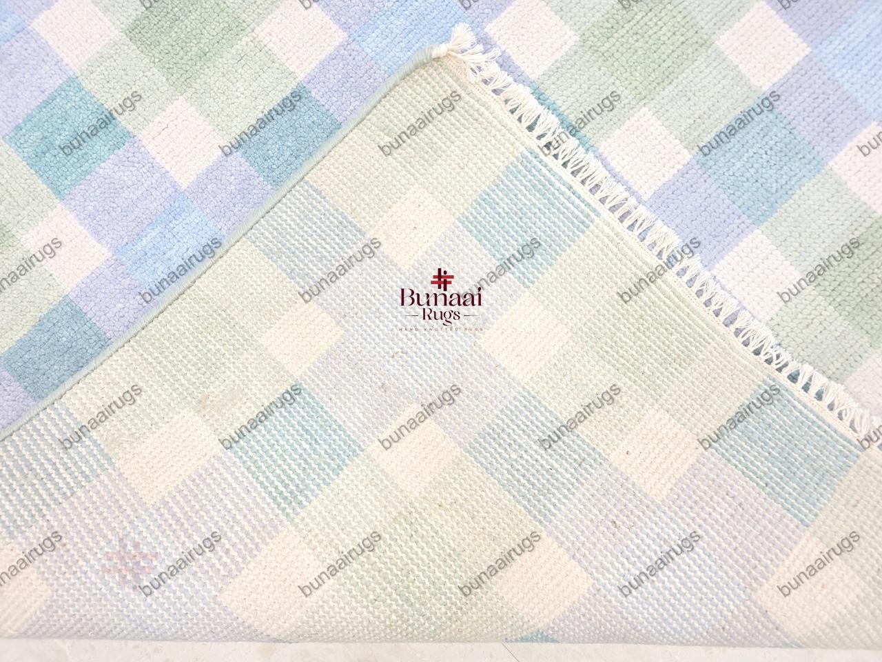 Handwoven Wool Flatweave Rug, Blue Green Checkered Plaid, Scandinavian Decor