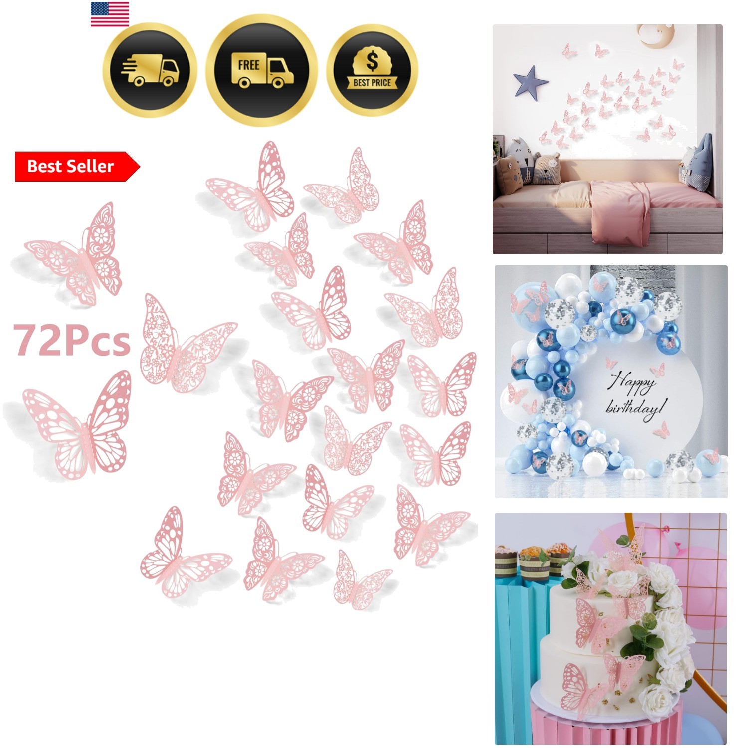 3D Wall Decor, 72 Pcs 3 Sizes 3 Styles, Pink Butterfly Decorations – Removabl…