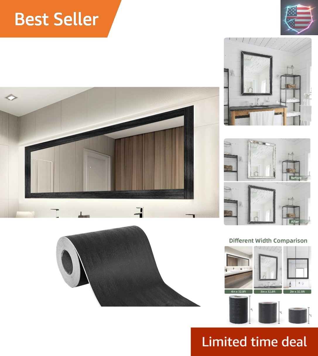 32ft x 4.2in Black Mirror Tape Border, Peel and Stick Mirror Border for Bathr…