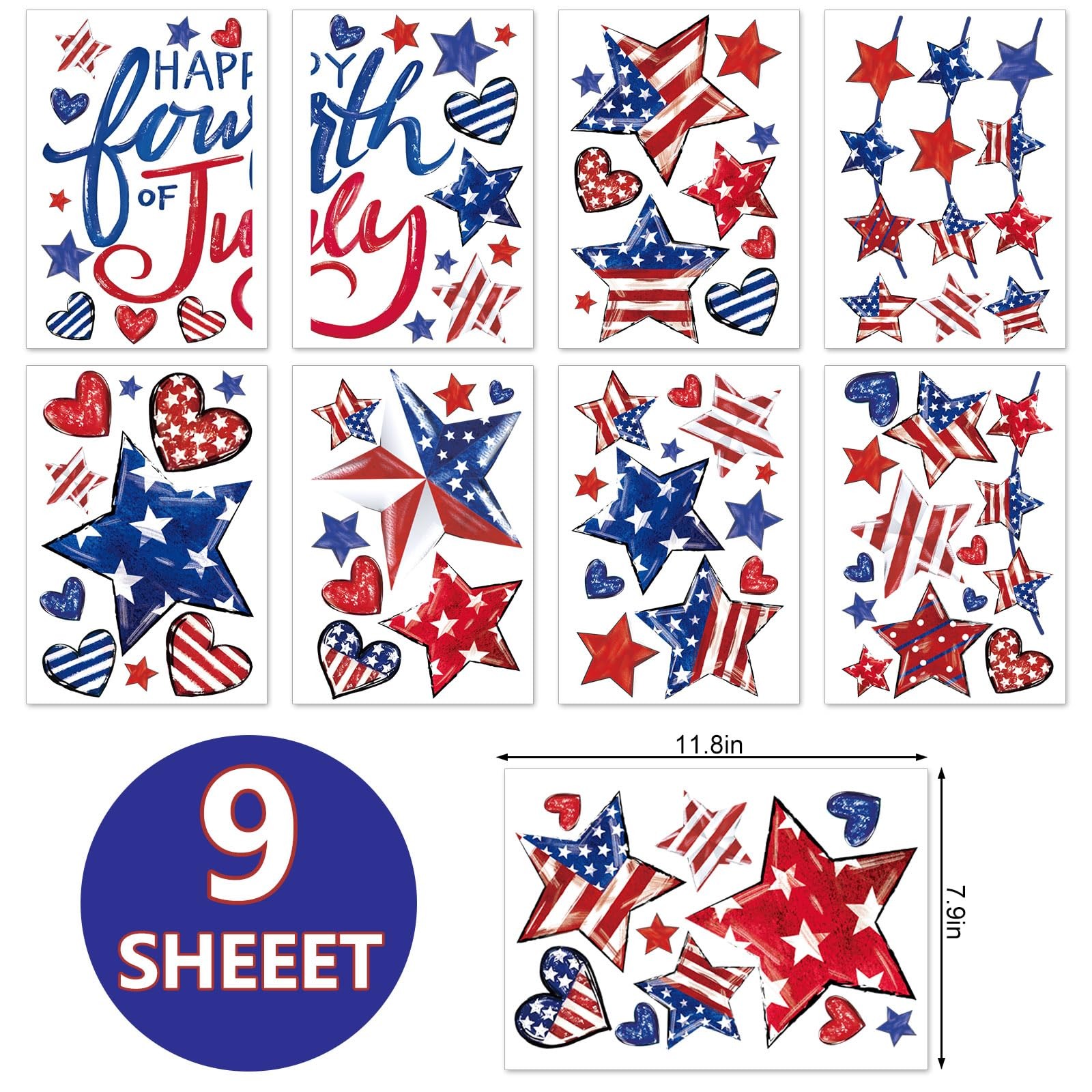 9 Sheets Patriotic Wall Stickers Watercolor 4th of July Vintage Red White Blue