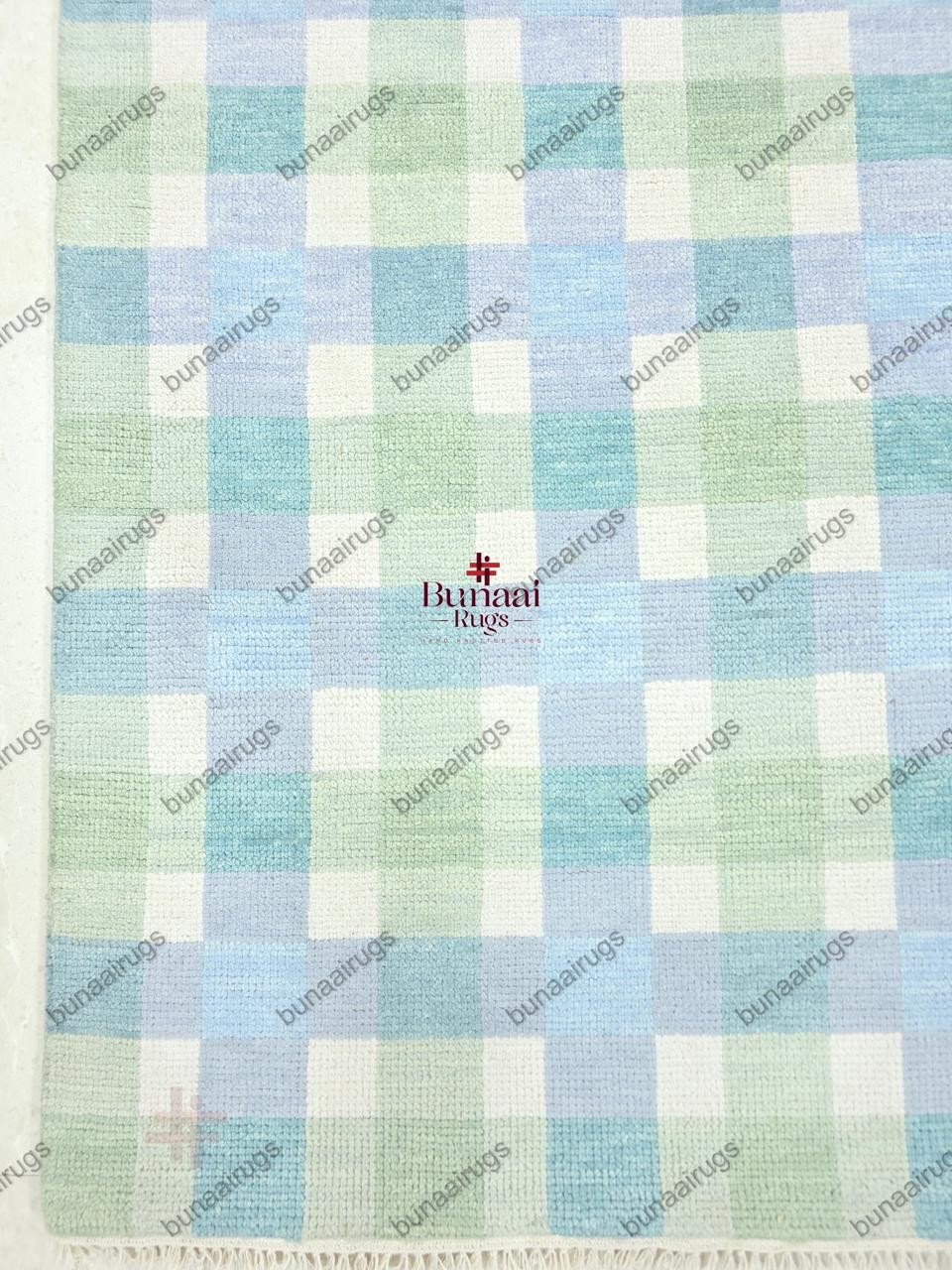 Handwoven Wool Flatweave Rug, Blue Green Checkered Plaid, Scandinavian Decor
