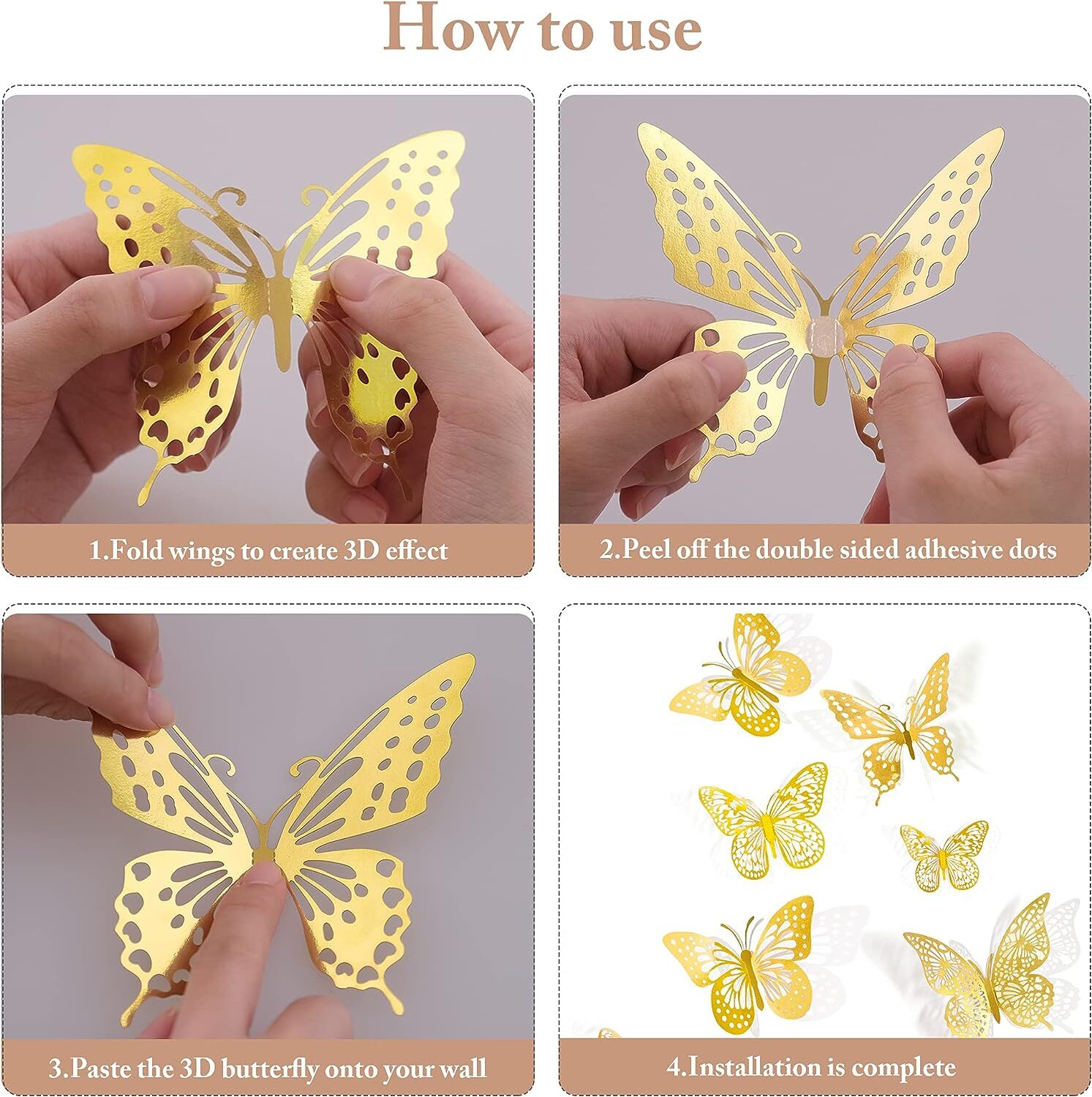 SAOROPEB 3D Butterfly Wall Decor 48 Pcs 4 Styles 3 Sizes Gold Butterfly Decorat