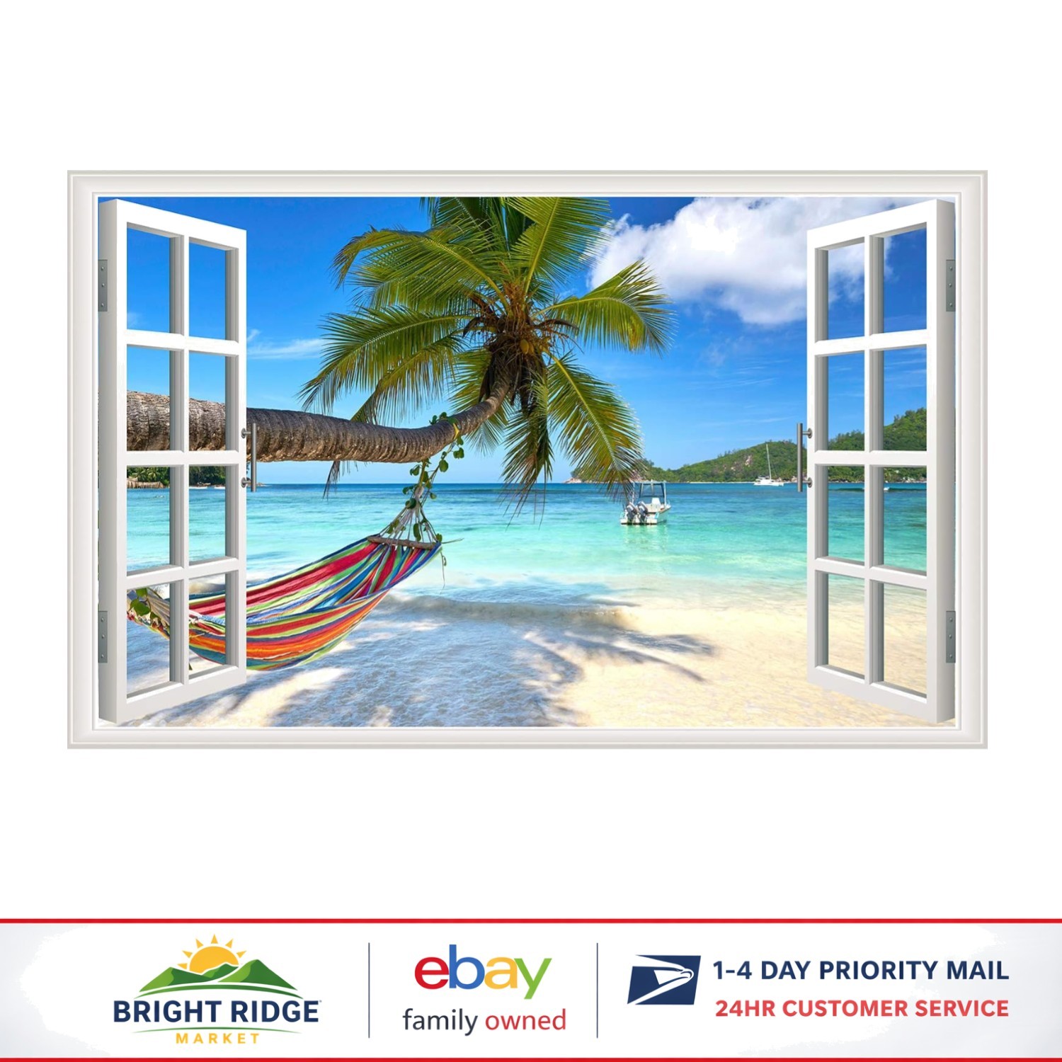 Indoor Wall Decor Sticker of Beach View with Hammock and Cloud Design