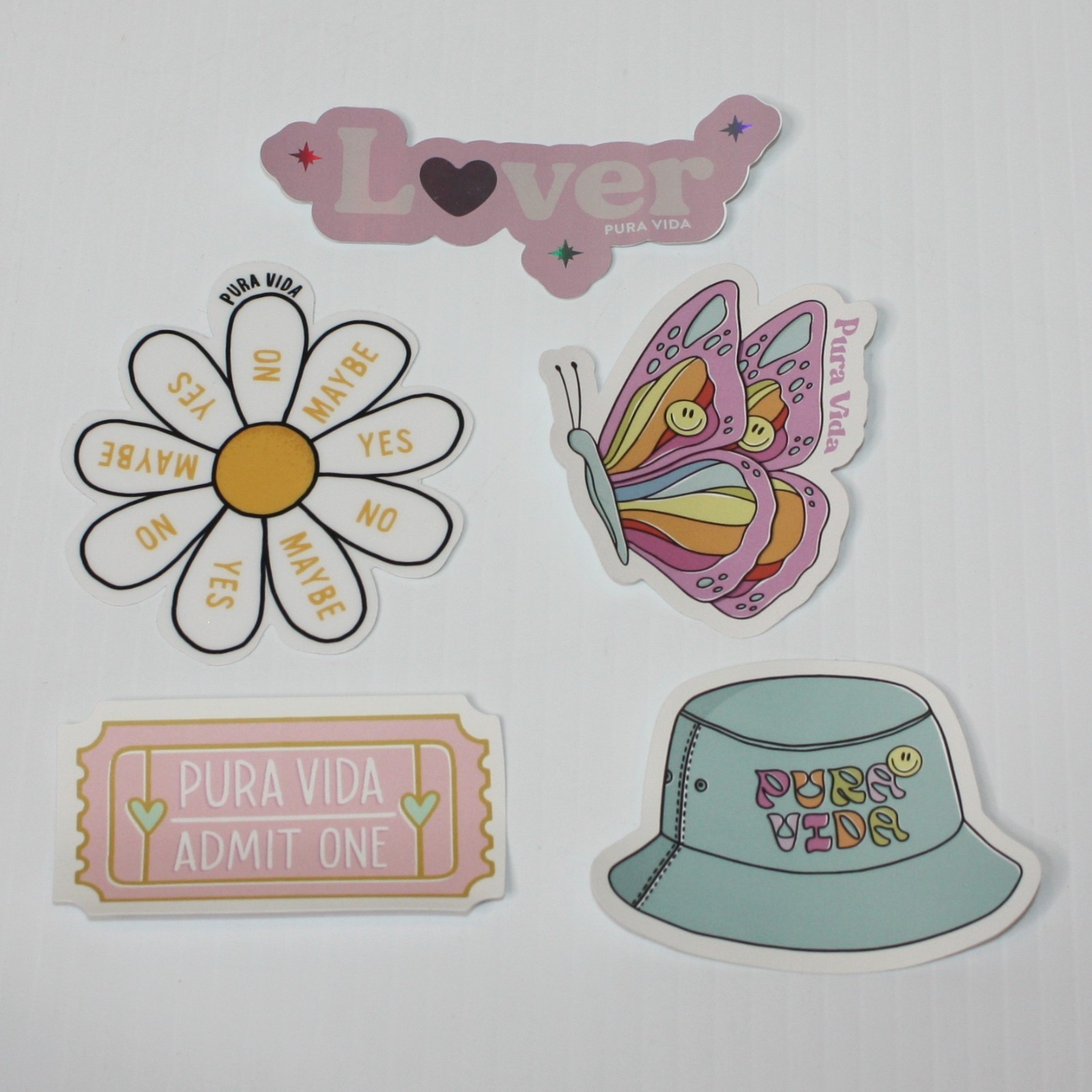 Pura Vida 5 Sticker Lot: Yes No Maybe So, Bucket Hat, Butterfly, Lover, Ticket