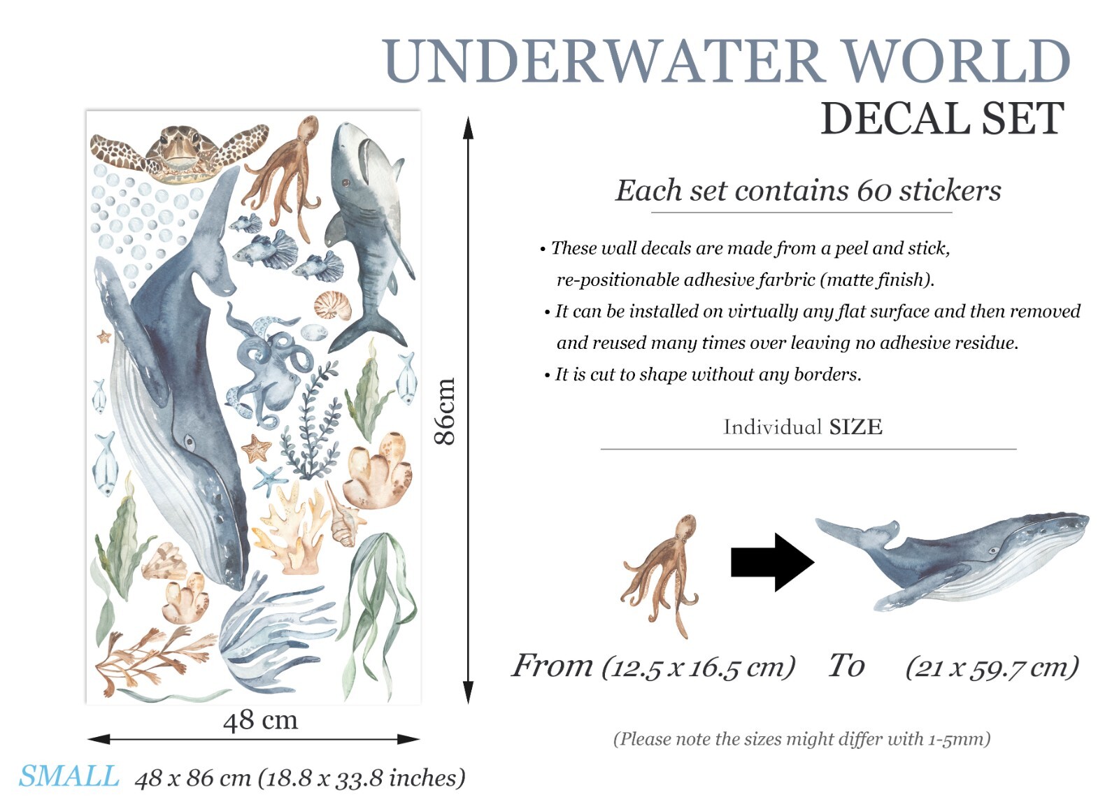 Sea World Ocean Marine Sea Life Whale Turtle Shark Octopus Wall Decal Sticker