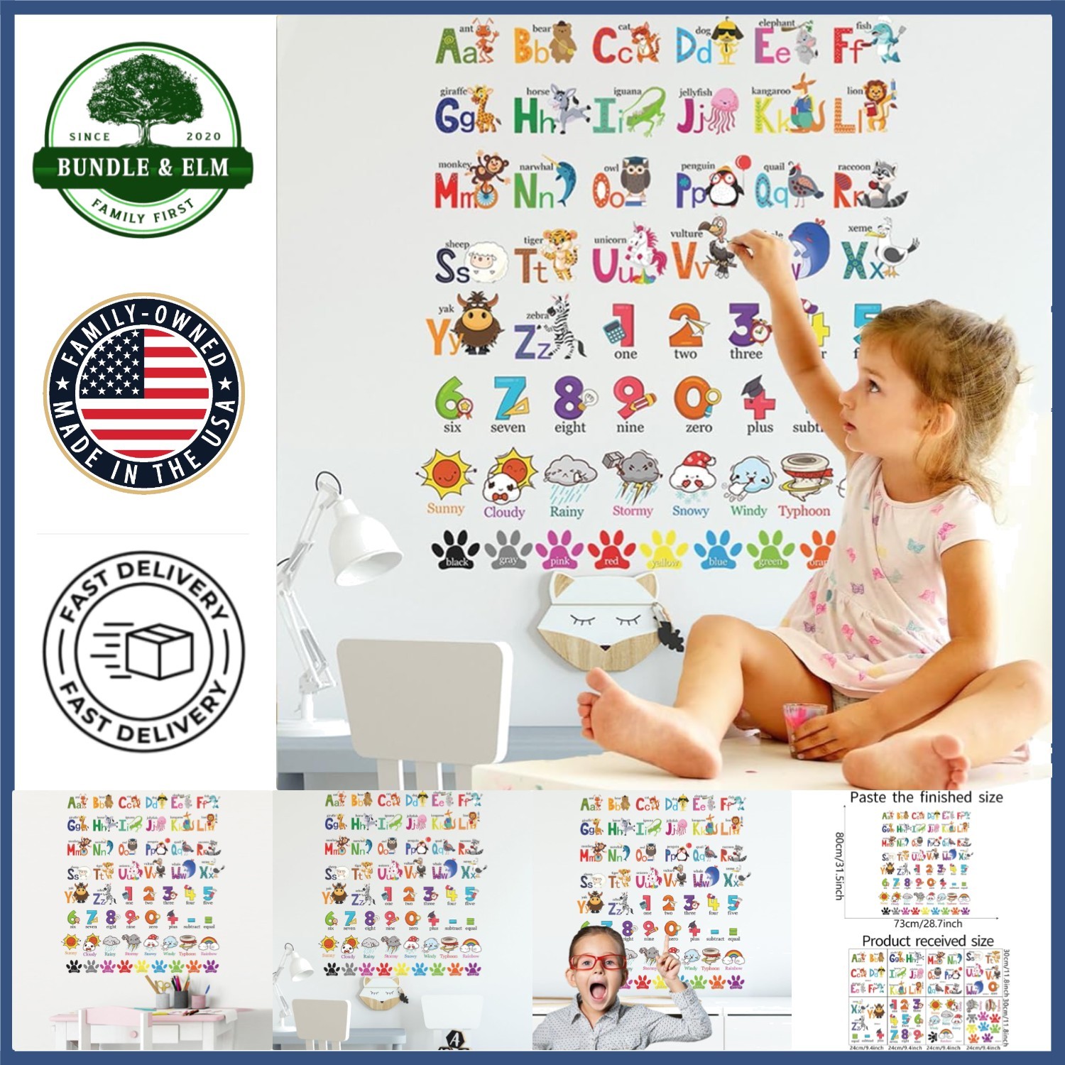 Peel and Stick Educational Alphabet Decals for Playroom and Nursery Walls