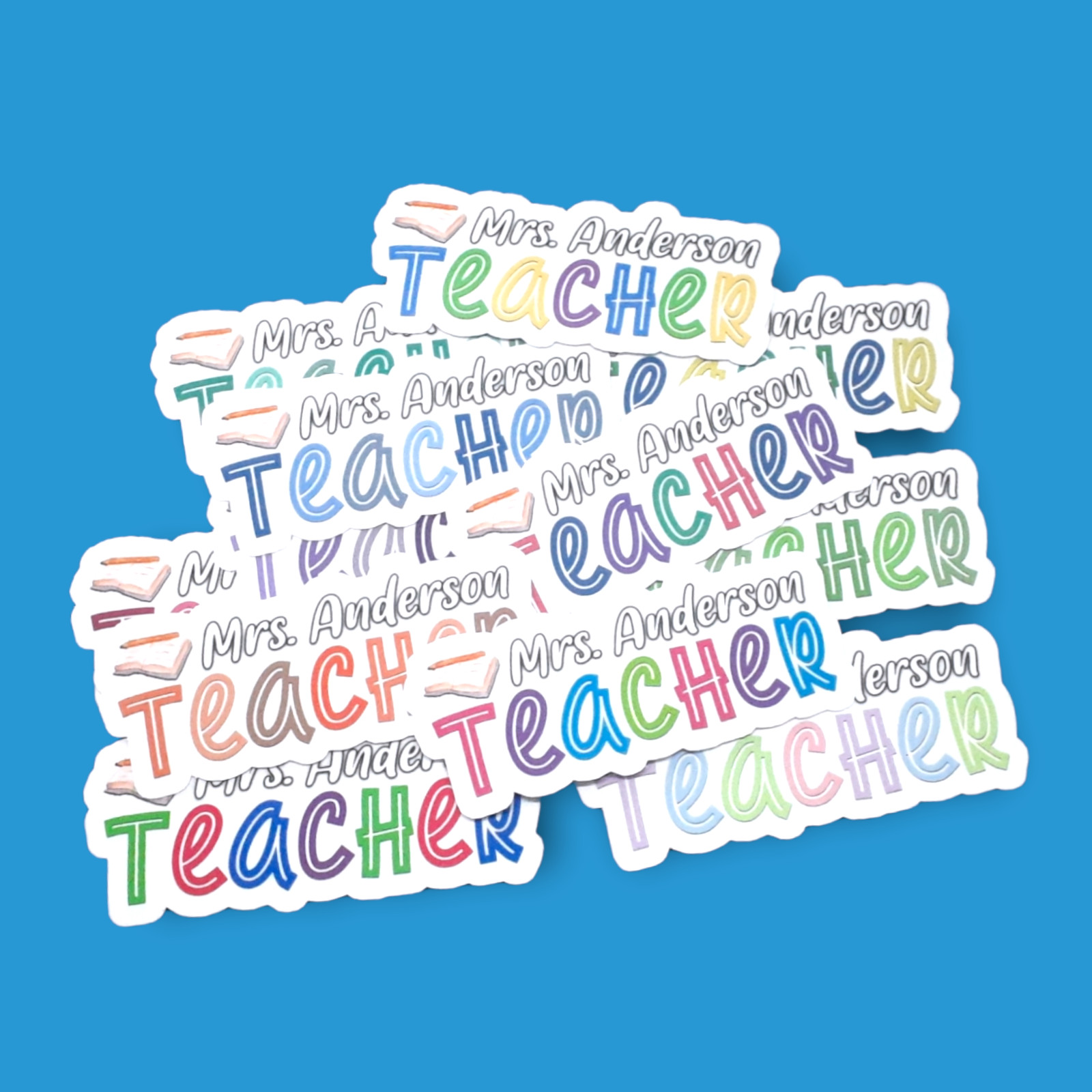 Personalized Teacher Name 3″ Vinyl Stickers – Choose Color Scheme