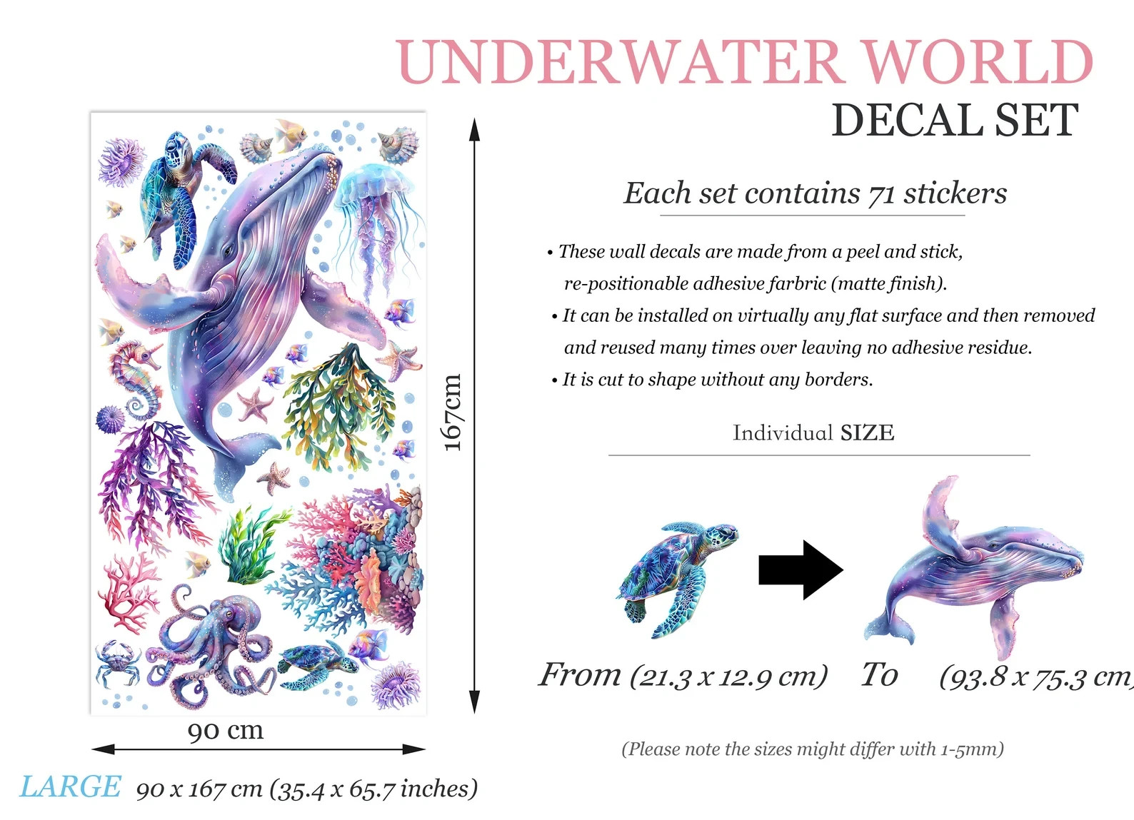 Underwater World Animal Decal with Whale,Octopus, Sea Turtle Wall Decal-BR475