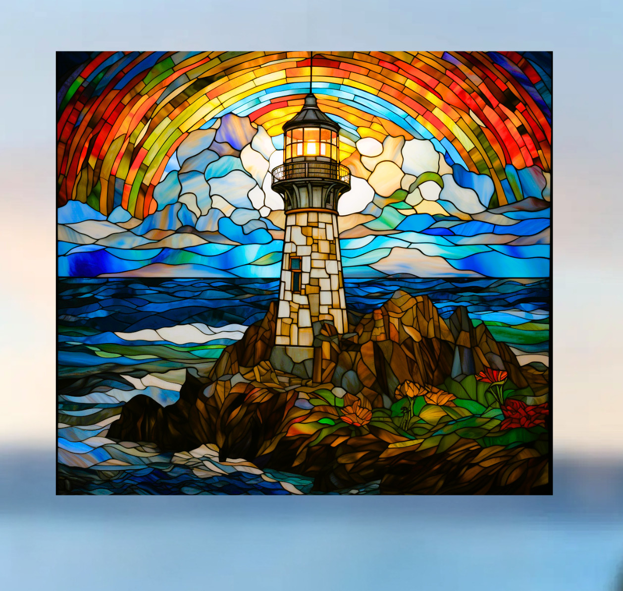 Lighthouse Faux Stained-Glass WINDOW CLING Size 9.1″ Repositionable Vinyl