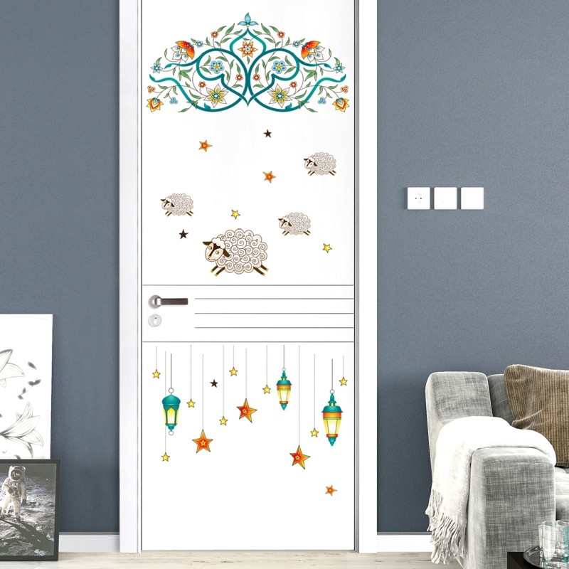 Eid Wall Stickers 2pcs/set Vintage Flower Vine Stars Lantern Window Decal