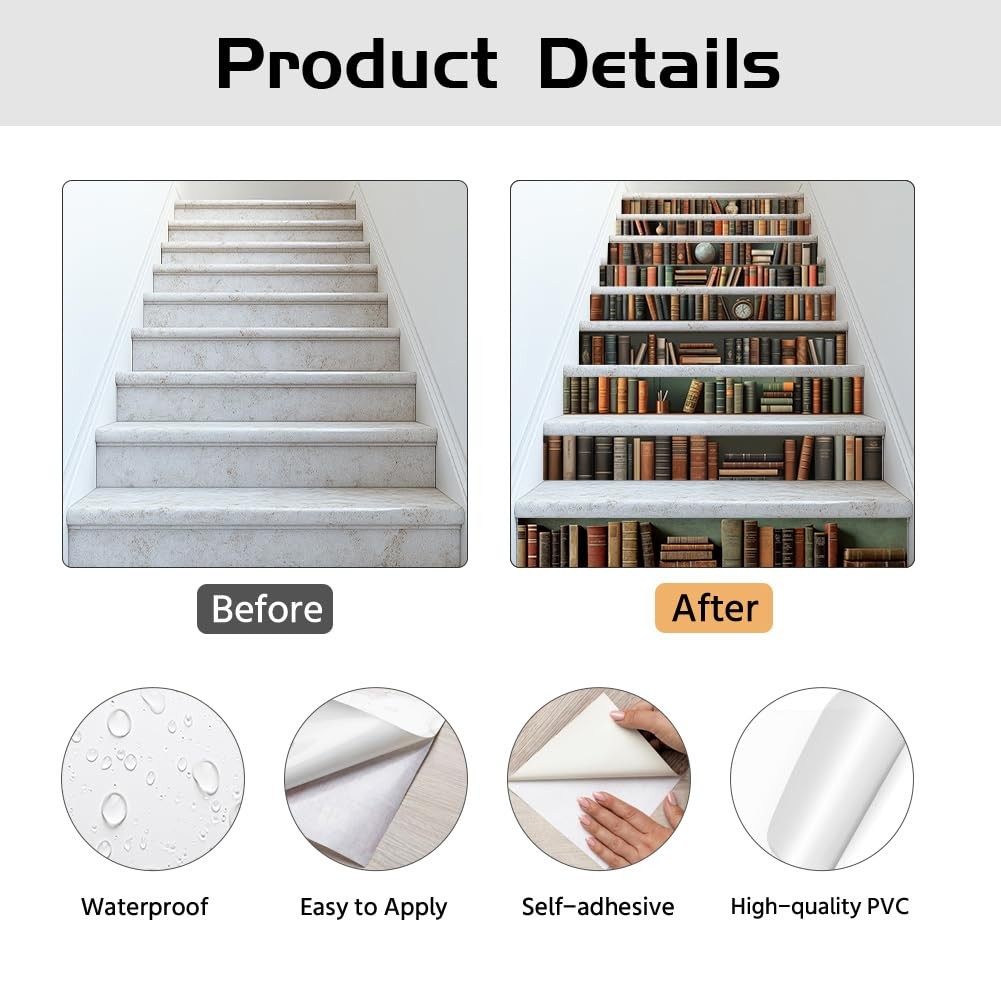15 Strips Vintage Bookshelf Stair Decals, Peel and Stick Stair Riser Stickers…