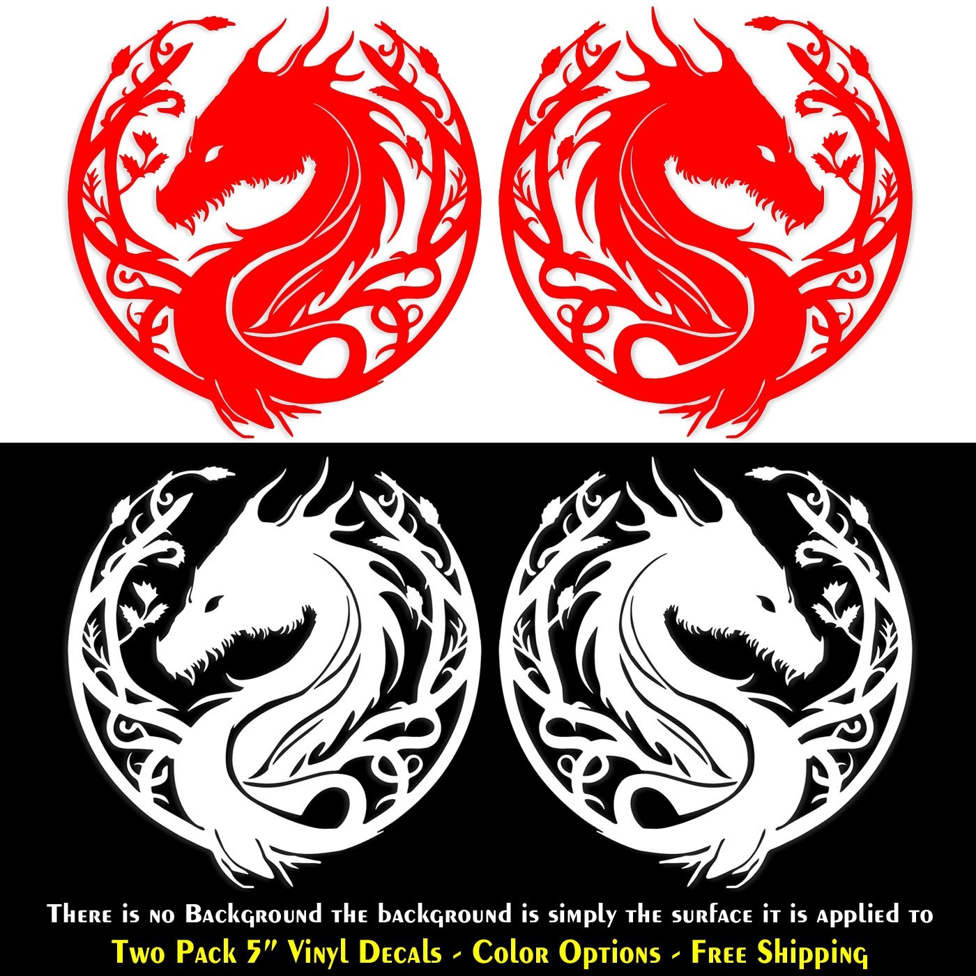 Dragon Floral Design Two Pack 5″ Vinyl Decals Car Truck Window Any Flat Surface