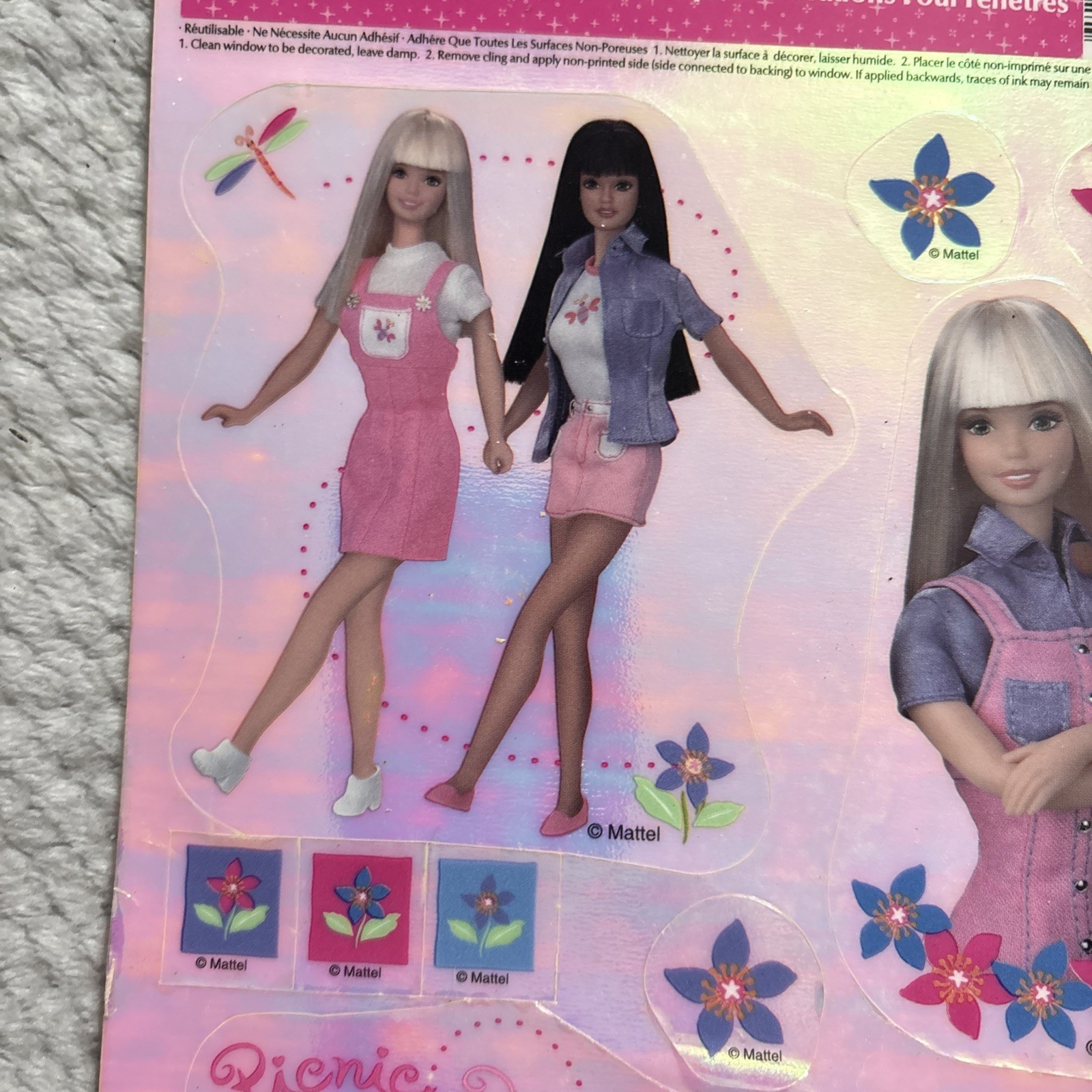 1998 Mattel BARBIE Doll Static Cling Window Decorations Picnic Perfect Pets