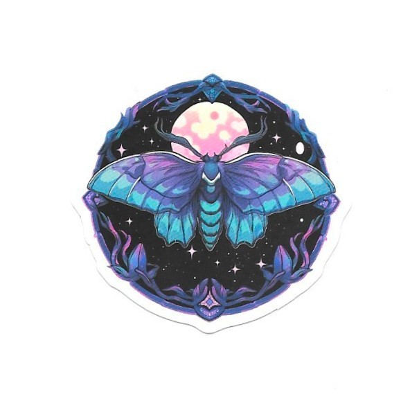 Neon Indigo Moth Vinyl Sticker Vintage Celestial Moon Insect Journal Laptop Art