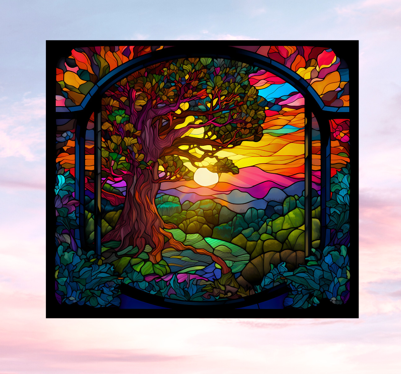 Tree at Sunset Faux Stained-Glass WINDOW CLING Size 9″ Repositionable Vinyl