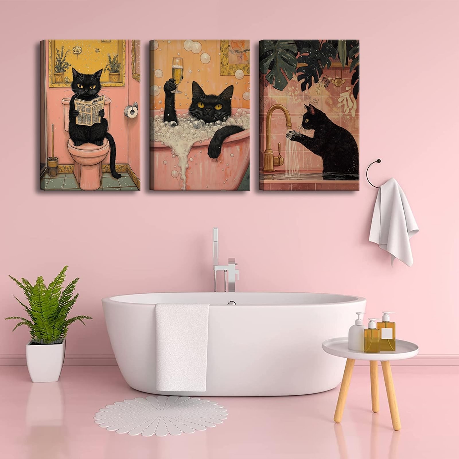 OCRXLYTH 3Pcs Black Cat Bathroom Canvas Wall Art Funny Commode Cat Wall Decor…