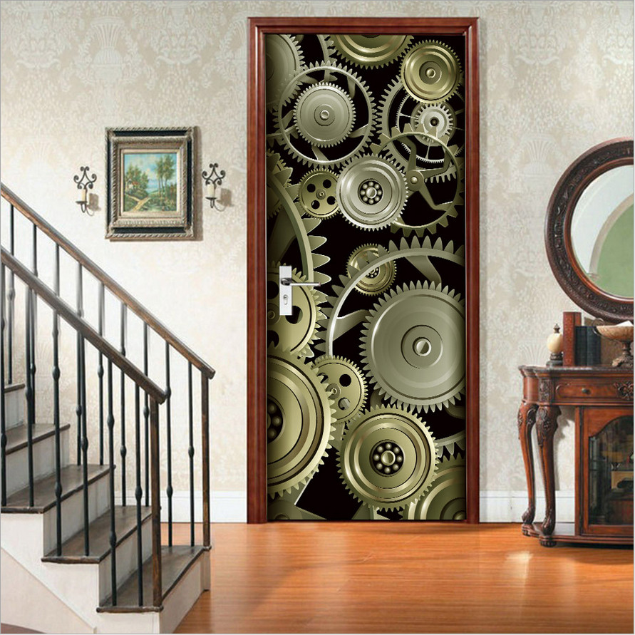 3D Wall Art Metal Machinery Gear Door Sticker PVC Decal Self-adhesive Wrap Mural