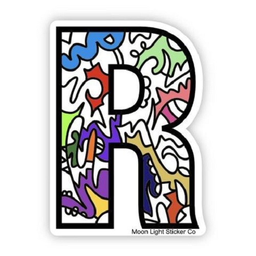 Initial Alphabet Letter “R” Vinyl Sticker Colorful MultiColor Dishwasher Safe 3″