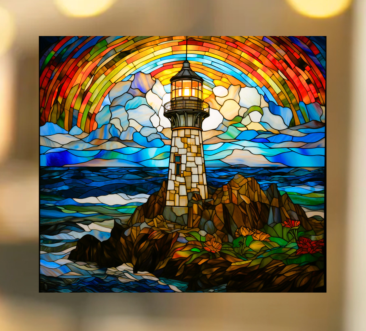 Lighthouse Faux Stained-Glass WINDOW CLING Size 9.1″ Repositionable Vinyl