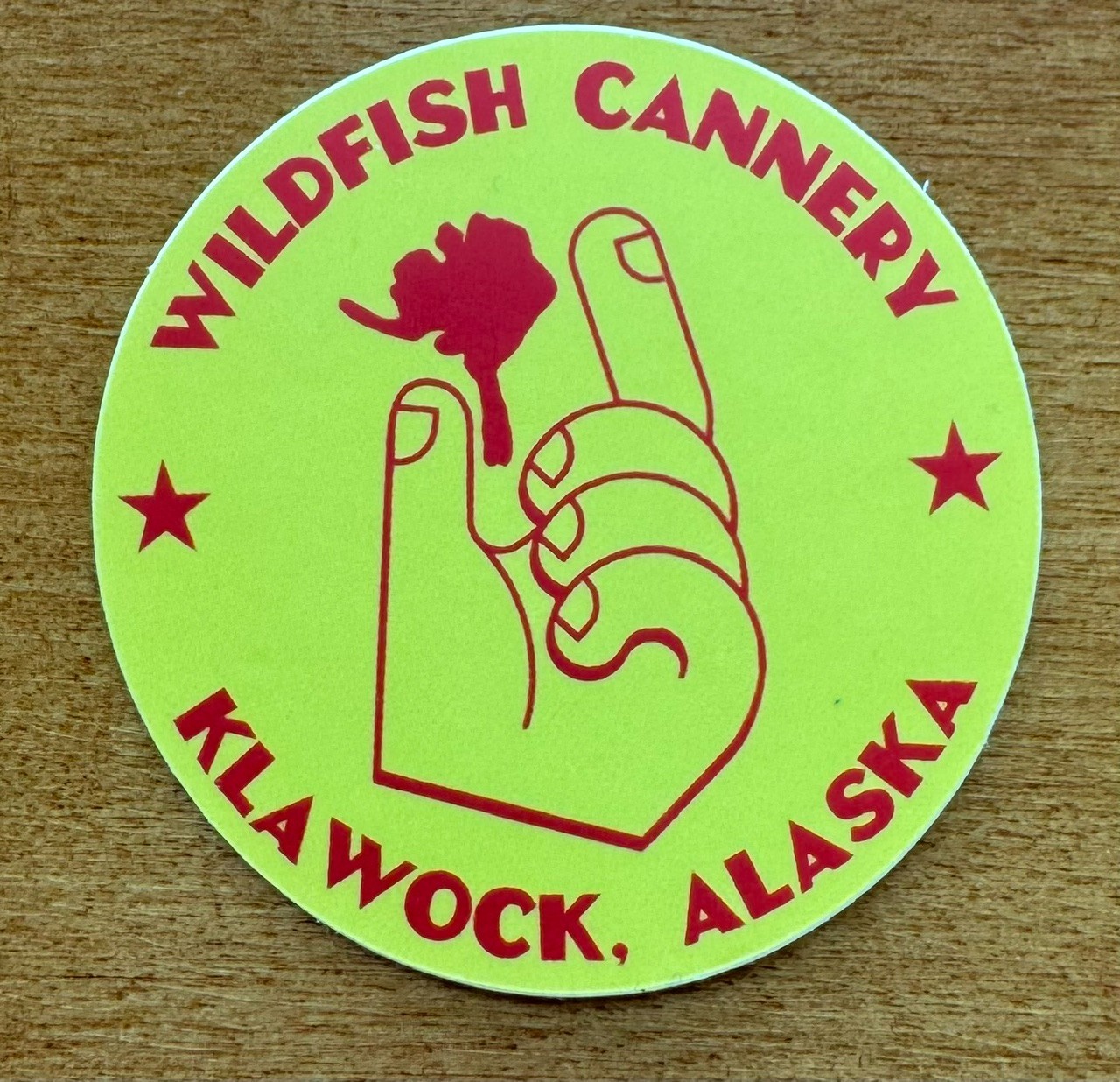 WILDFISH CANNERY KLAWOCK, ALASKA Sticker 2″ Yellow Red Prince of Wales Island AK