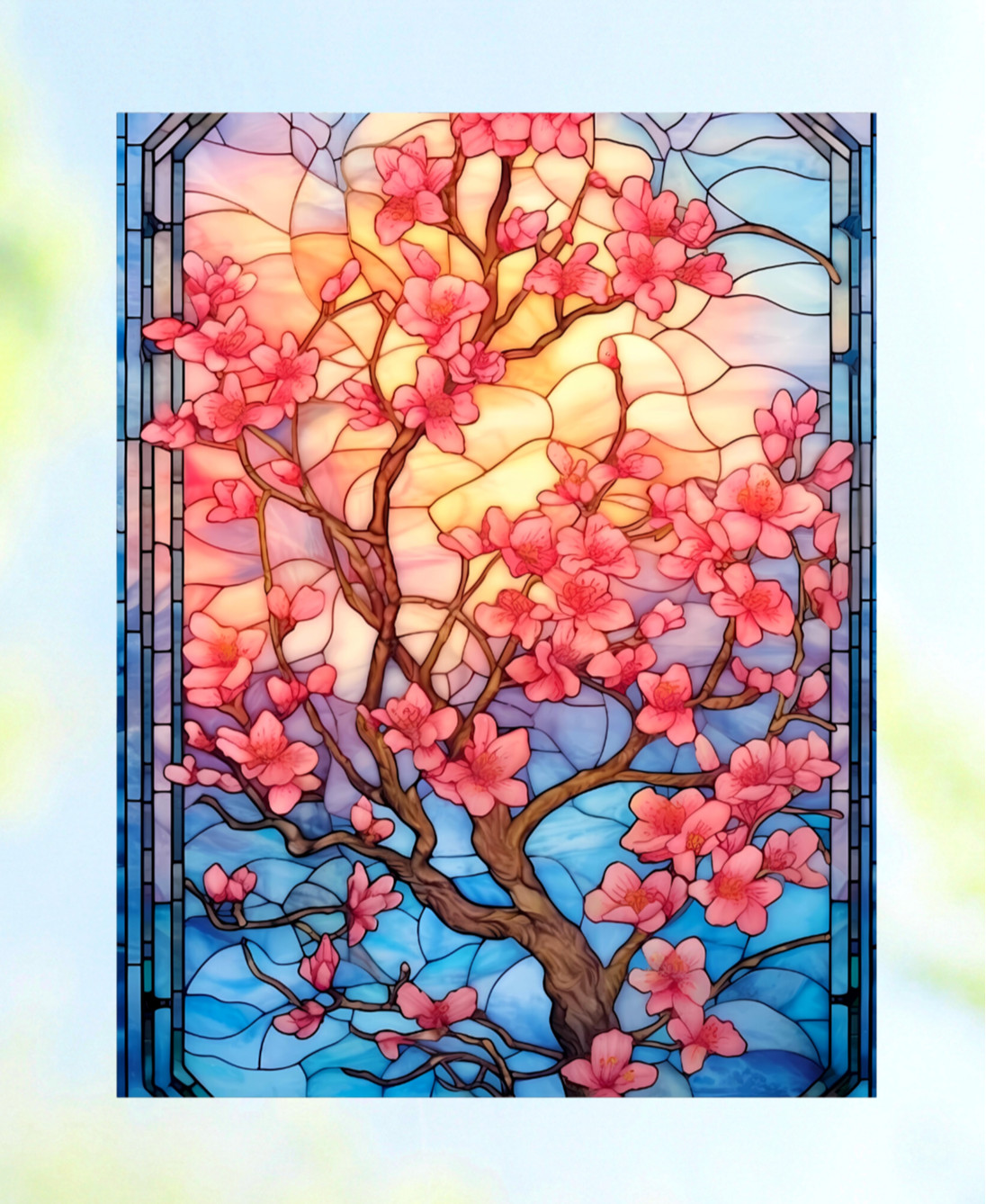Cherry Blossom Tree Faux Stained-Glass WINDOW CLING Size 10.3″ Vinyl