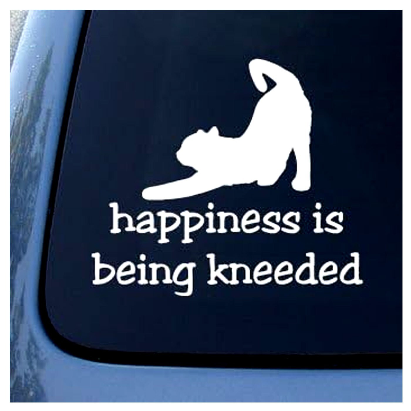 Happiness is Being KNEEDED – Cat – White Vinyl Decal Car Window Laptop Tablet