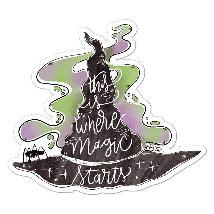 Magic Starts Witch Hat, Vinyl Decal Sticker, Indoor Outdoor, 3 Sizes, #7763