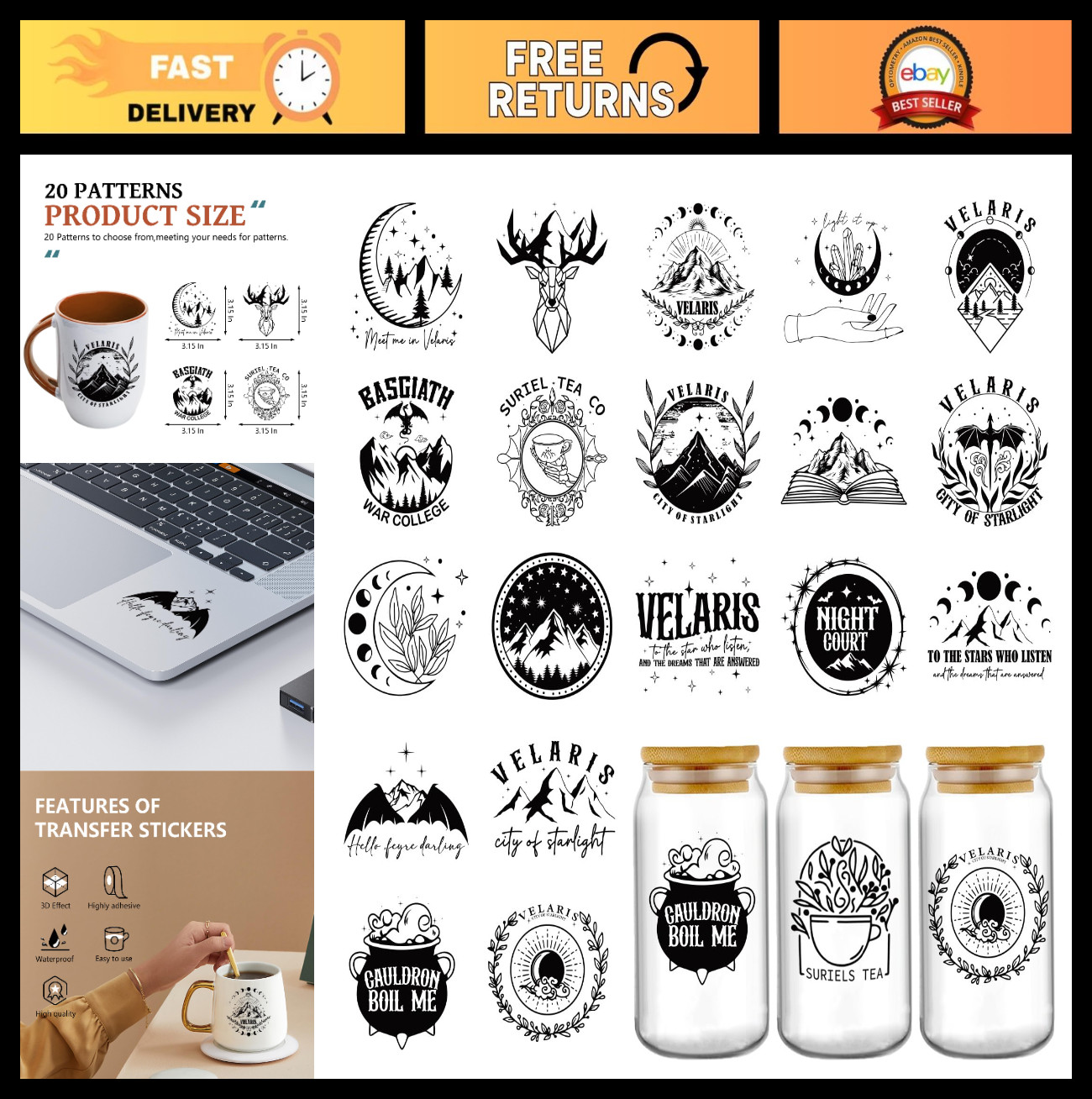 UV DTF Stickers – 20 Sheets Waterproof Cup Wraps for 16-40 oz Bottles & Mugs