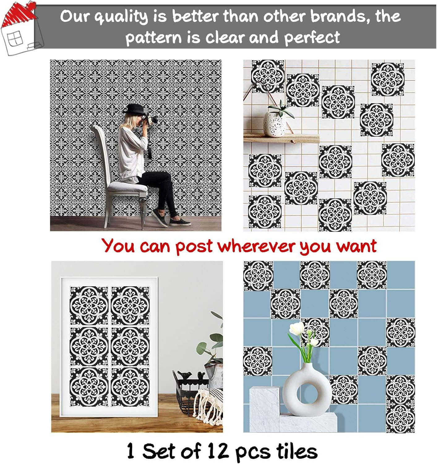 12 Pcs (6X6 In) Decorative Tile Stickers,Peel and Stick Wallcovering Self-Adhesi