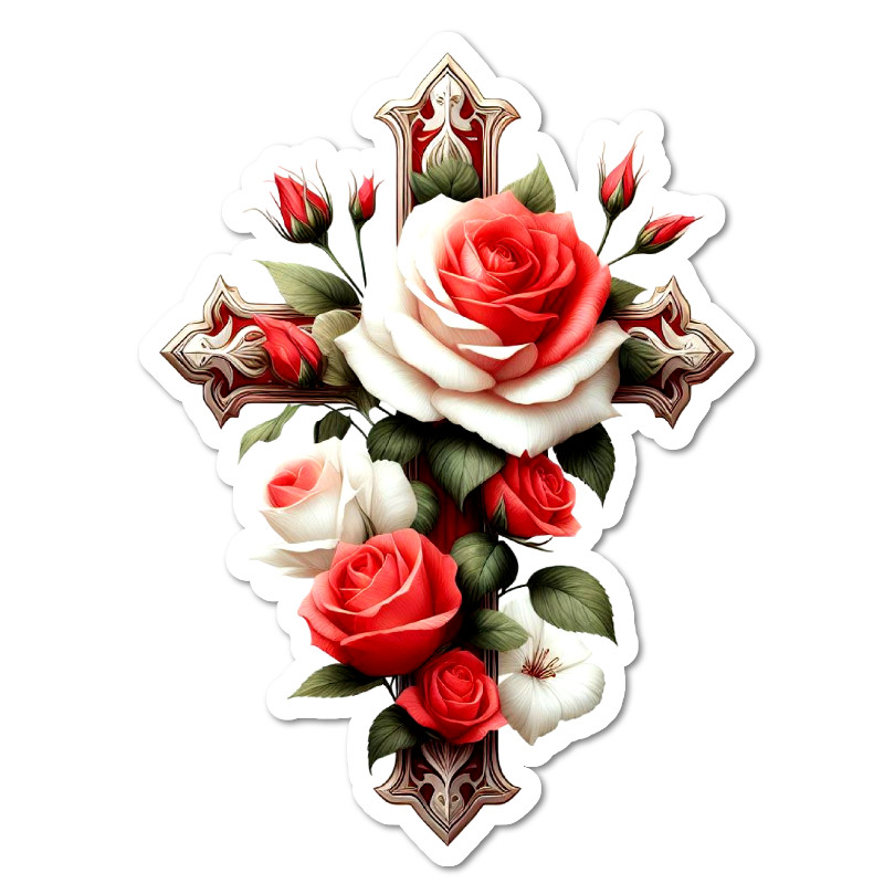 Red & White Roses Cross Vinyl Sticker Christian Floral Waterproof Glossy Decal