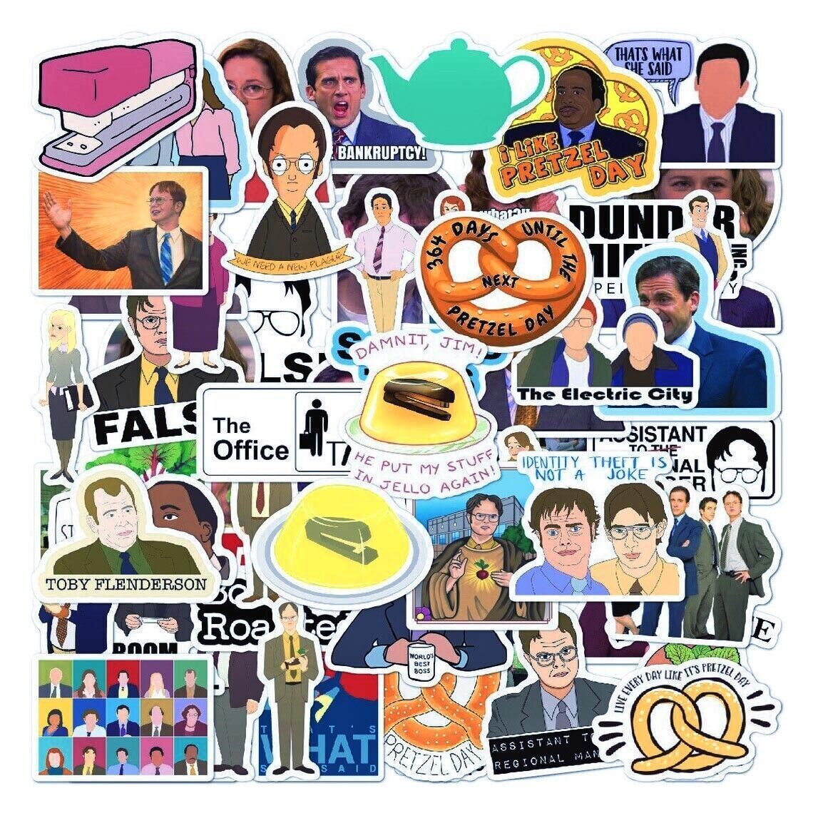 THE OFFICE Vinyl Stickers [F] FALSE Pretzel Day STAPLER JELLO Scott’s Totts +