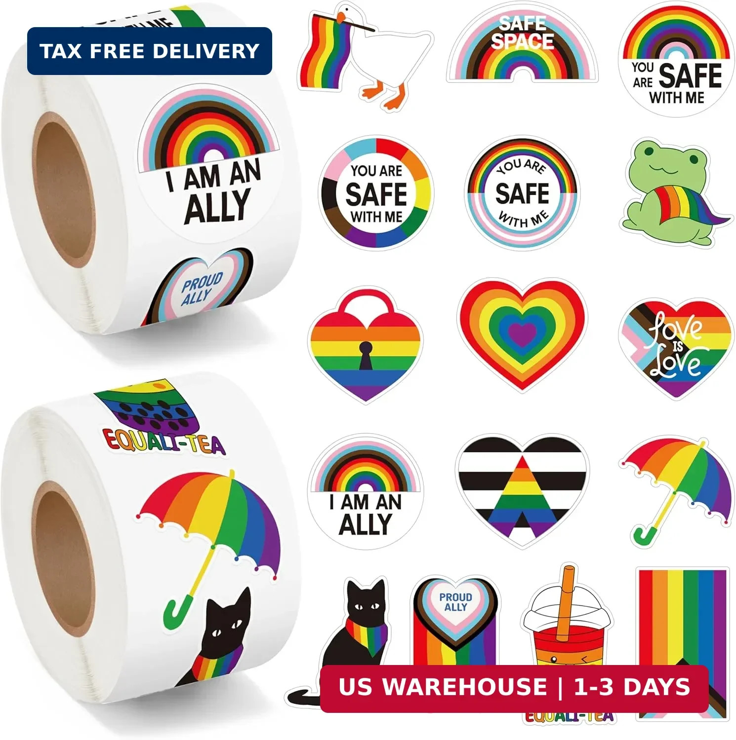 LGBTQ Pride Rainbow Stickers – 2 Rolls 1000pcs LGBT Flag Heart Roll Decal for Ga