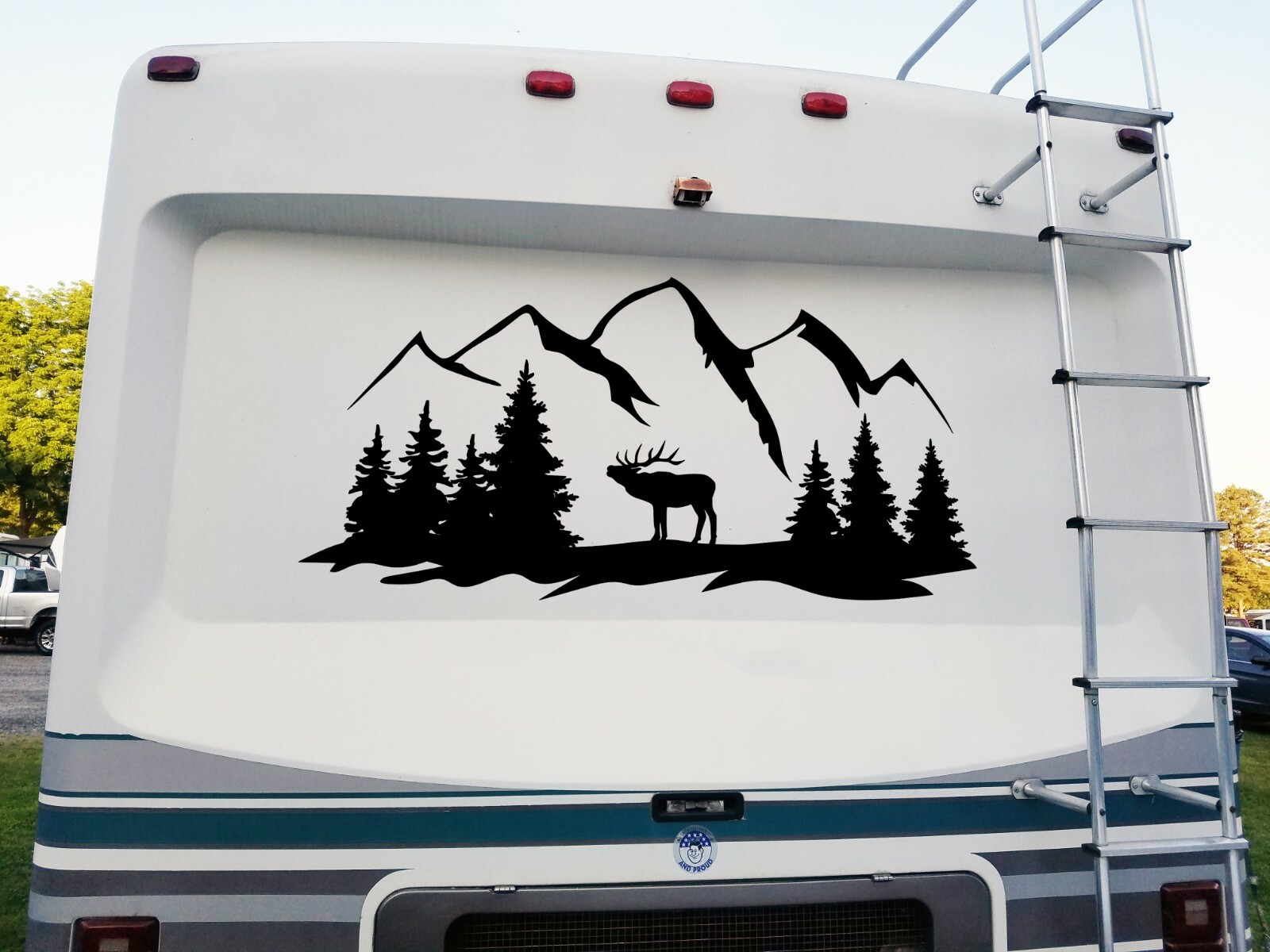 Deer Mountains Forest Scene Vinyl Decal V2 – RV Graphics Camper Die Cut Sticker