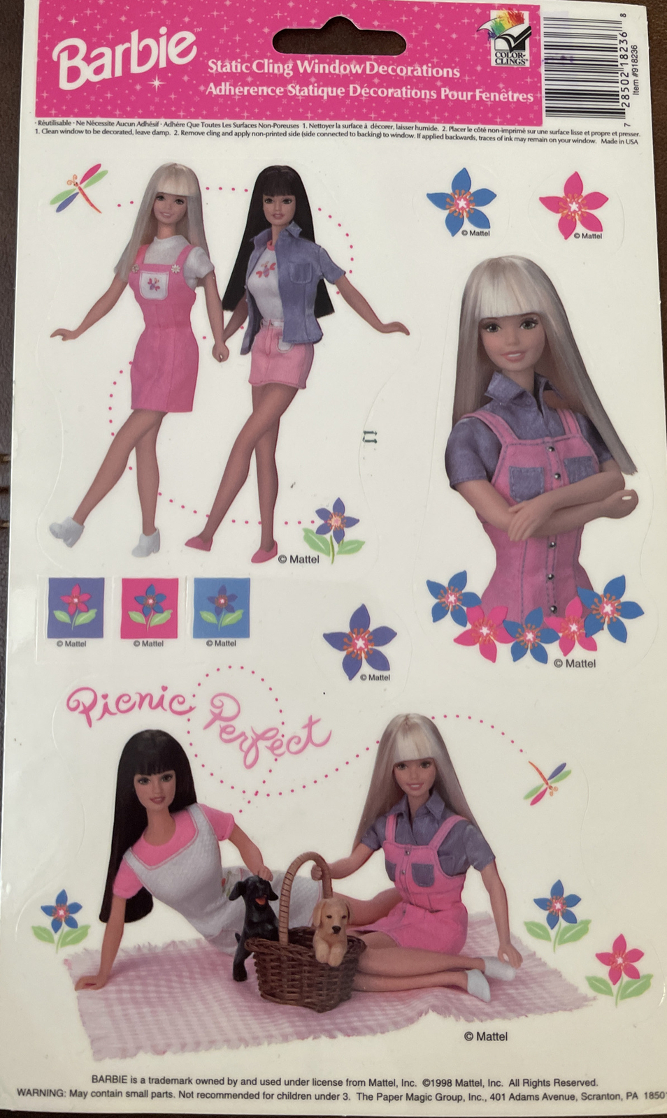 1998 Mattel BARBIE Doll Static Cling Window Decorations Picnic Perfect Pets