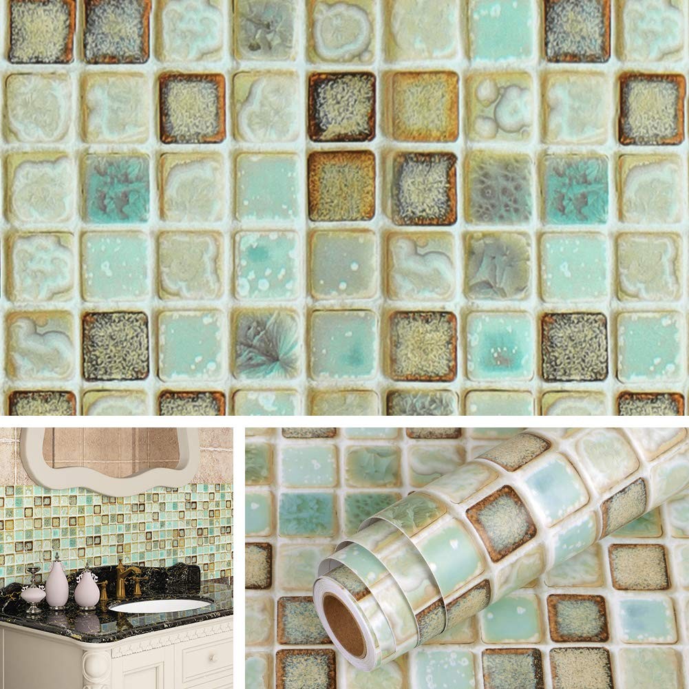 Livelynine Vinyl Bathroom Wallpaper Peel 15.8″ x 78.8″, Green Mosaic Tiles